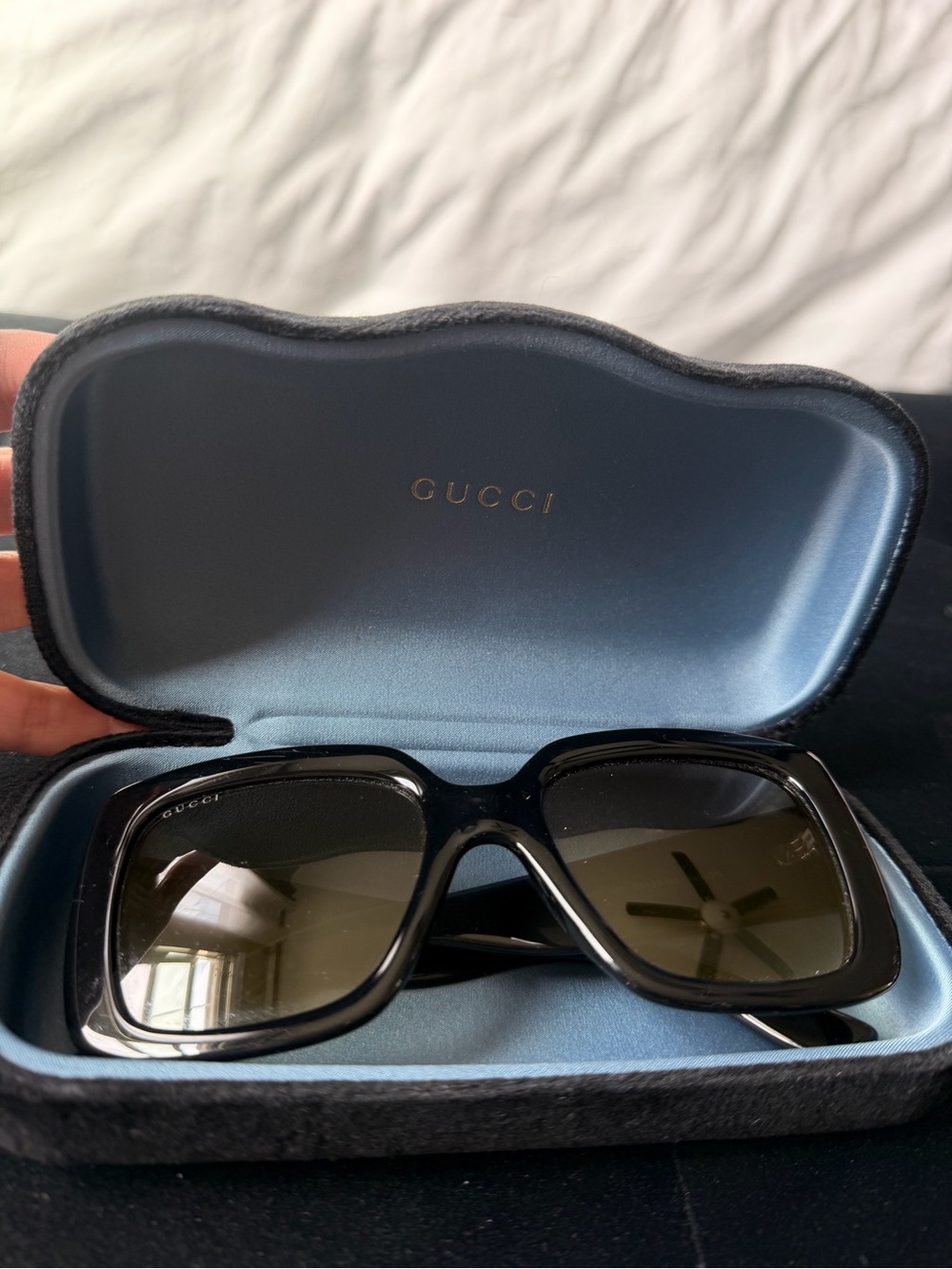 Gucci Black Glossy Sunglasses with Gold Logo Detail